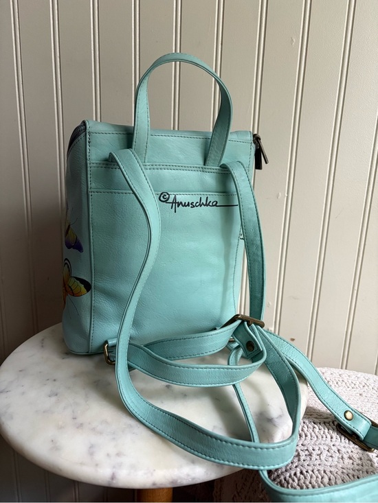 Anuschka Hand-Painted Genuine Leather Bucket Backpack Purse Blue Butterfly Bag